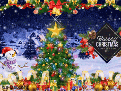 Merry Christmas Poster With Christmas Tree And Snowman GIF