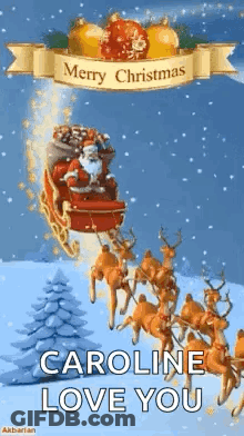 Merry Christmas Santa Claus In Sleigh Pulled By Reindeer GIF