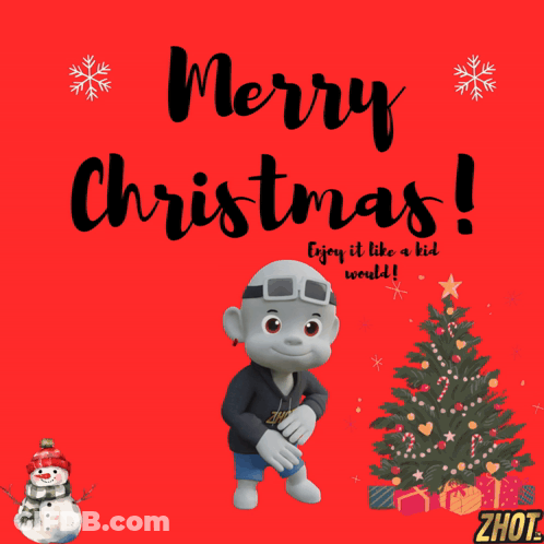 Merry Christmas Snowman And Christmas Tree GIF