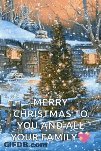 Merry Christmas To You And All Your Family With A Christmas Tree In Front Of A House GIF