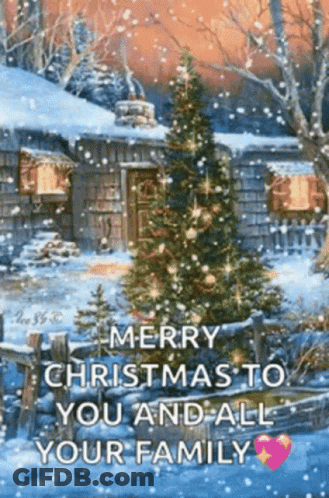 Merry Christmas To You And Your Family With Christmas Tree In Front Of Cabin GIF