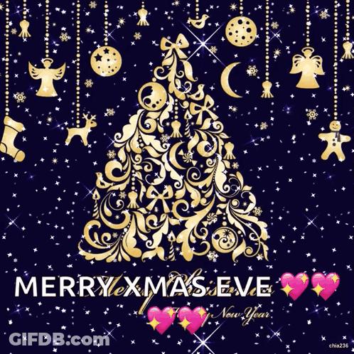 Merry Xmas Eve New Year Card Gold Christmas Tree GIF
