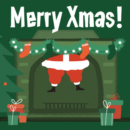Merry Xmas Santa Hanging On Chimney GIF