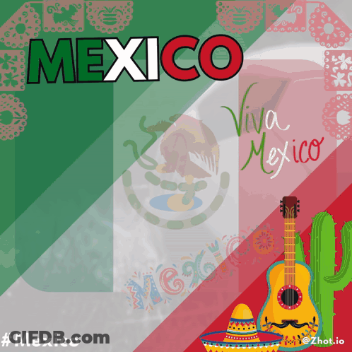 Mexican Flag With Guitar Sombrero And Cactus GIF