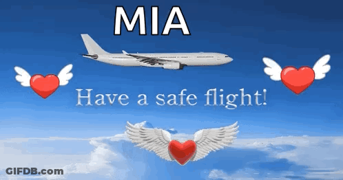 Mia Safe Flight Message With Plane And Hearts GIF
