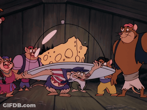 Mice Standing Around Cheese Under Glass Dome GIF