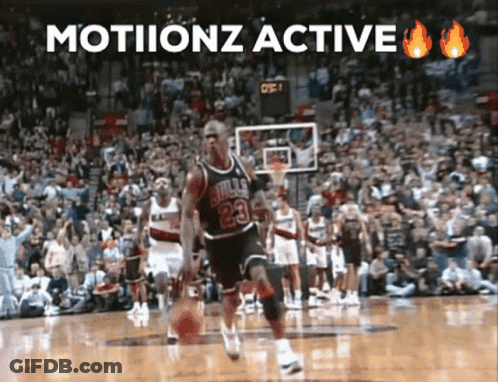Michael Jordan Is Playing Basketball In Front Of A Crowd With The Words Motionz Active Above Him GIF