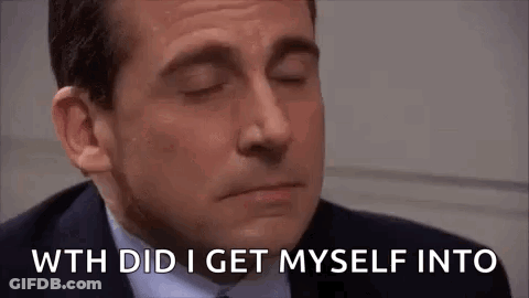 Michael Scott From The Office Is Smiling With His Eyes Closed And The Words `` With Did I Get Myself Into '' . GIF