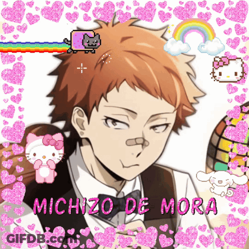 Michizo De Mora Surrounded By Pink Hearts And Hello Kitty GIF