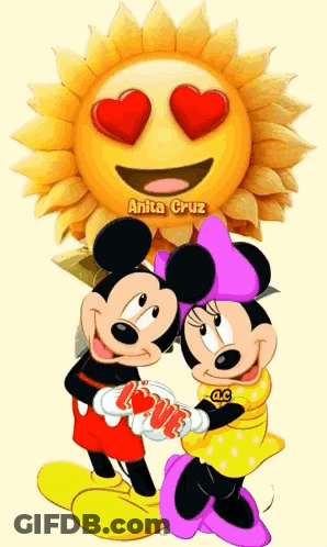 Mickey And Minnie Mouse Hugging In Front Of Sunflower With Hearts GIF