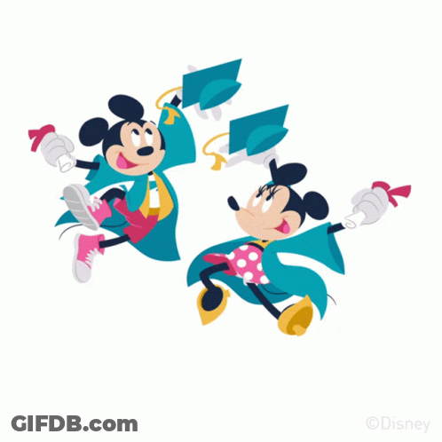 Mickey And Minnie Mouse Jumping In Graduation Gowns GIF