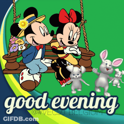 Mickey And Minnie Mouse On Swing Good Evening GIF