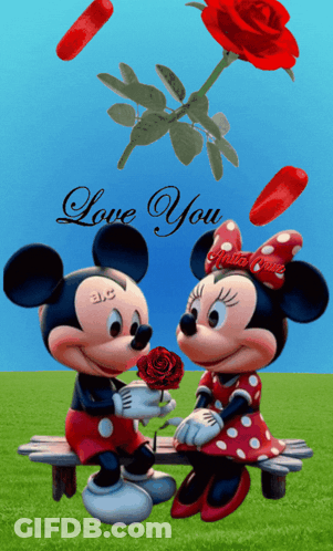 Mickey And Minnie Mouse Sitting On Bench Love You GIF