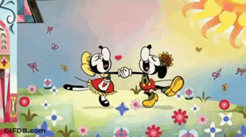 Mickey Mouse And Minnie Mouse Are Dancing In A Field Of Flowers GIF
