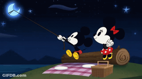 Mickey Mouse And Minnie Mouse Are Fishing Under A Full Moon GIF
