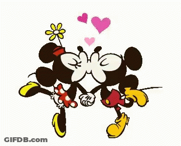 Mickey Mouse And Minnie Mouse Are Kissing While Holding Hands And A Flower Is Coming Out Of Their Noses . GIF
