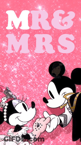 Mickey Mouse And Minnie Mouse Holding Hands On A Pink Background GIF