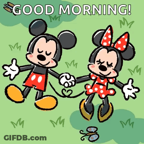 Mickey Mouse And Minnie Mouse Holding Hands Saying Good Morning GIF