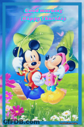 Mickey Mouse And Minnie Mouse Holding Leaves Good Morning Happy Thursday GIF