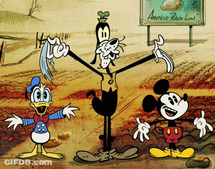 Mickey Mouse Donald Duck And Goofy Are Standing In Front Of A Sign That Says American Potato Land GIF