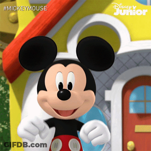 Mickey Mouse In Front Of Yellow House With Disney Junior GIF