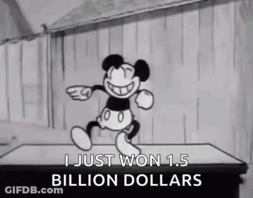 Mickey Mouse Is Dancing In A Black And White Cartoon And Says I Just Won 1.5 Billion Dollars . GIF