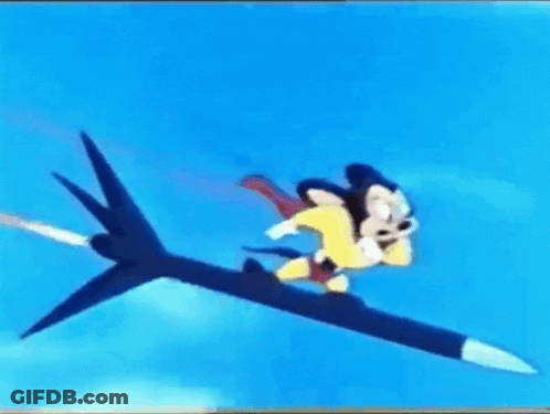 Mickey Mouse Is Flying On The Back Of A Rocket . GIF