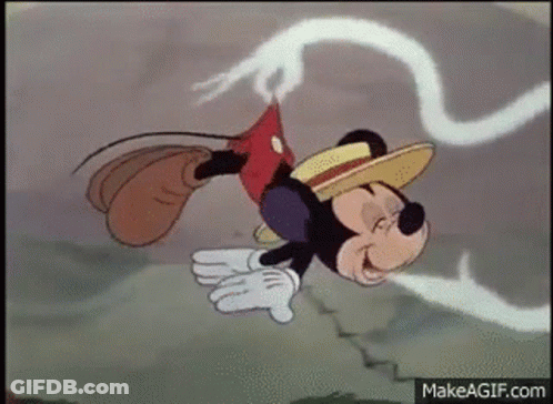 Mickey Mouse Is Flying Through The Air In A Cartoon While Wearing A Straw Hat . GIF