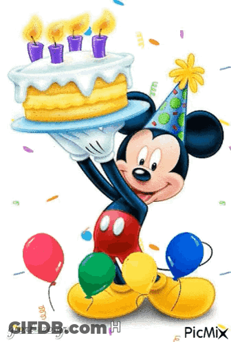 Mickey Mouse Is Wearing A Party Hat And Holding A Birthday Cake GIF