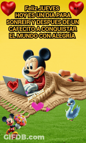 Mickey Mouse Laying On Blanket With Laptop GIF