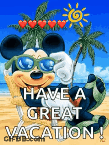 Mickey Mouse On Beach Saying Have A Great Vacation GIF