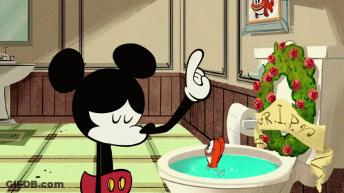 Mickey Mouse Pointing At Fish In Bathtub With RIP Wreath GIF