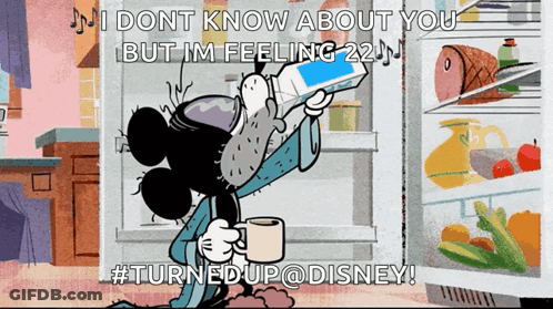 Mickey Mouse Sitting In Front Of Open Refrigerator Holding Cell Phone GIF