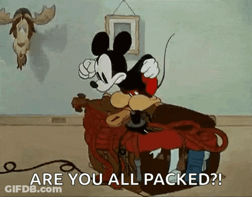 Mickey Mouse Sitting On Suitcase Talking On Phone GIF