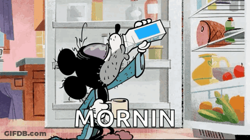 Mickey Mouse Standing In Front Of Refrigerator Saying Mornin GIF