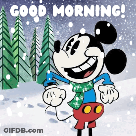 Mickey Mouse Standing In Snow With Scarf And Sweater GIF