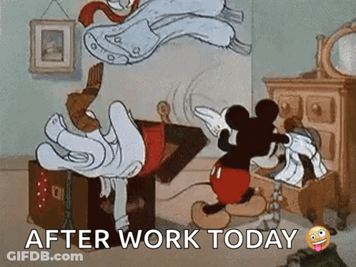 Mickey Mouse Standing Next To Trunk Saying After Work Today GIF