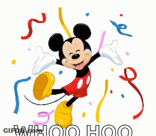 Mickey Mouse Surrounded By Confetti Saying Whoo Hoo GIF