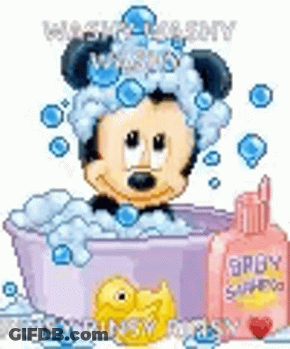 Mickey Mouse Taking Bath With Soap Bubbles And Duck GIF