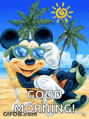 Mickey Mouse Wearing Sunglasses On Beach Good Morning GIF