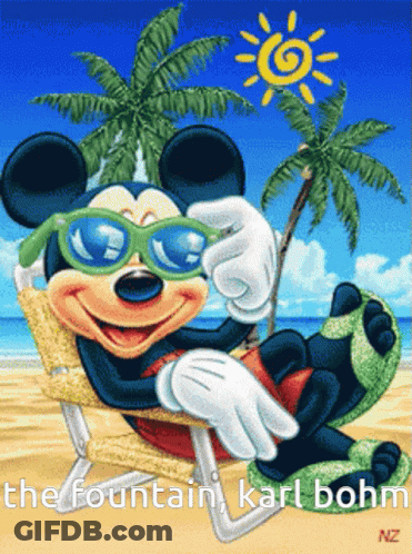 Mickey Mouse Wearing Sunglasses On Beach With Caption The Fountain Karl Bohm GIF