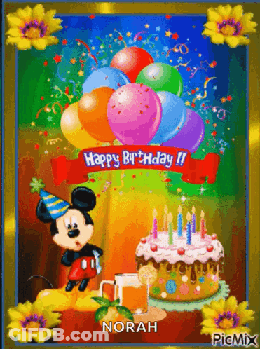 Mickey Mouse With Balloons And Birthday Cake GIF