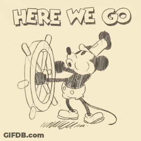 Mickey Mouse With Steering Wheel Saying Here We Go GIF