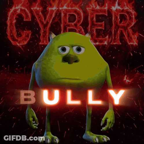 Mike Wazowski From Monsters Inc Is Standing In Front Of A Red Background That Says Cyber Bully GIF