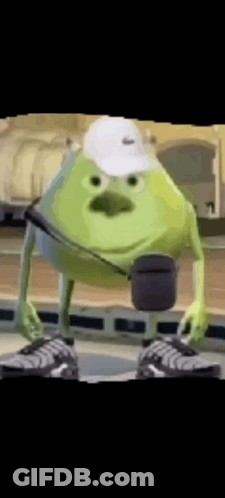 Mike Wazowski From Monsters Inc Is Wearing A White Hat And Black Shoes . GIF