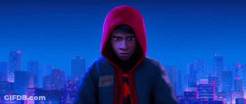 Miles Morales From Spider-Man Into The Spider-Verse Stands In Front Of A City Skyline . GIF