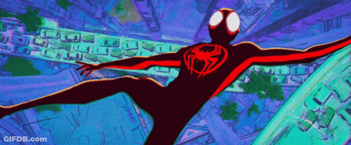 Miles Morales Spiderman Swinging Between Buildings GIF