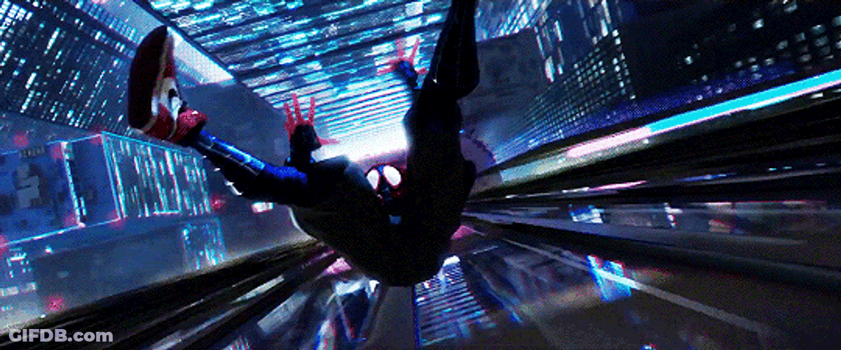 Miles Morales Spiderman Swinging Down Skyscraper GIF