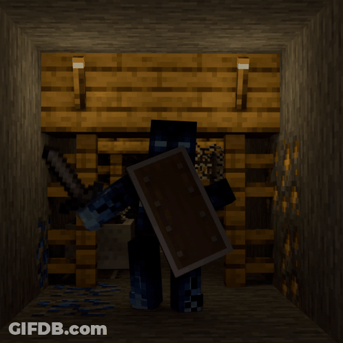Minecraft Character Holding Sword And Shield In Dark Room GIF