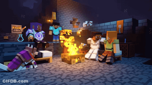 Minecraft Characters Around Campfire GIF